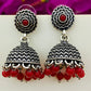 Pleasing Oxidized Silver Jhumkas With Red Bead Hangings