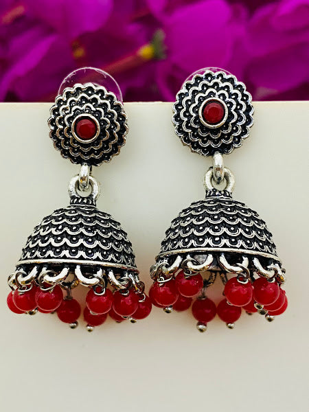 Pleasing Oxidized Silver Jhumkas With Red Bead Hangings