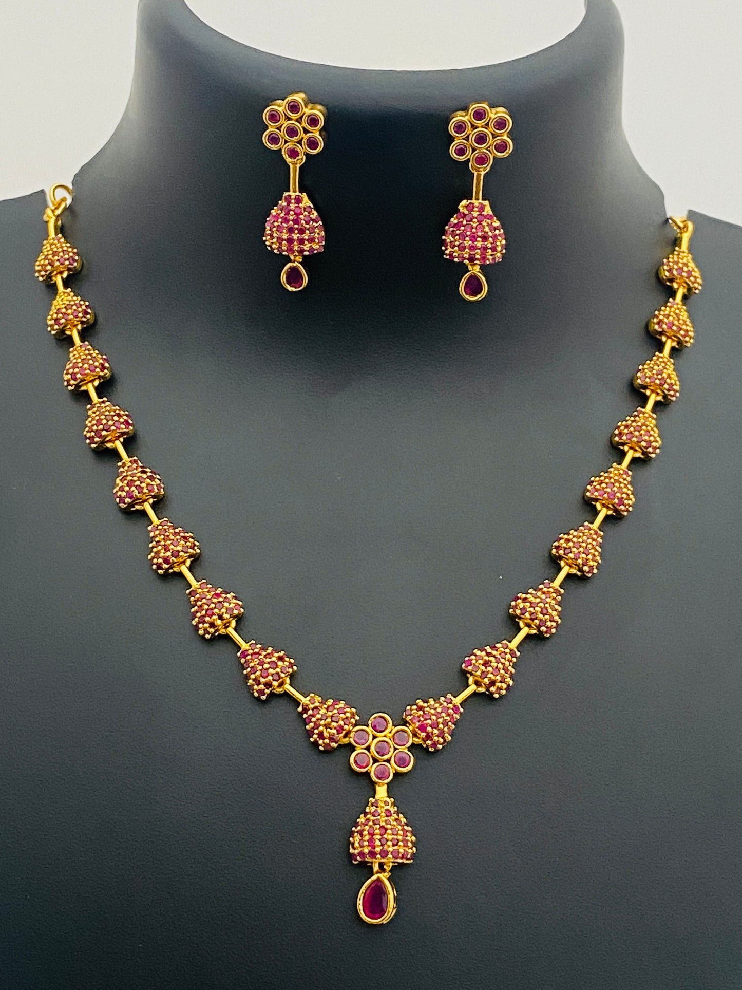 Appealing Antique AD Stoned Ruby Color Necklace With Earring Sets