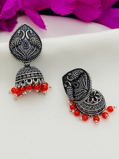 Alluring Oxidized Jhumkas With Red Beard Hangings In USA