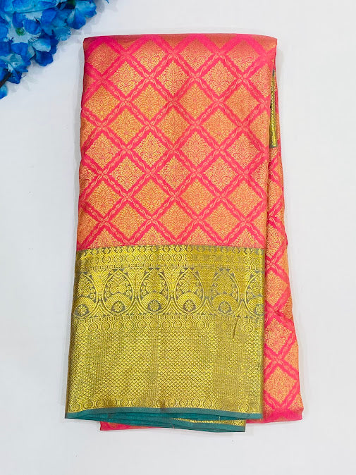 Elegant Pink Color Pure Kanchi Silk Gold Zari Work Saree For Women - SILKMARK CERTIFIED