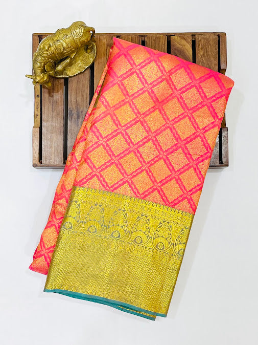 Elegant Pink Color Pure Kanchi Silk Gold Zari Work Saree Near Me