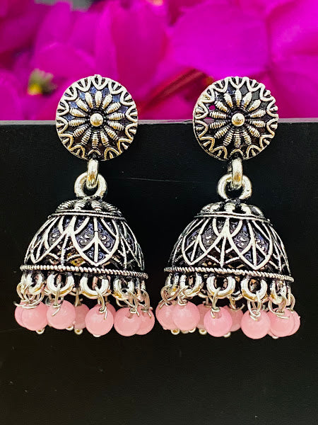 Gorgeous Silver Oxidized Jhumkhas With Pink Color Bead Hangings For Women