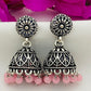 Gorgeous Silver Oxidized Jhumkhas With Pink Color Bead Hangings For Women In Yuma