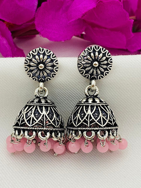 Gorgeous Silver Oxidized Jhumkhas With Pink Color Bead Hangings For Women In Yuma