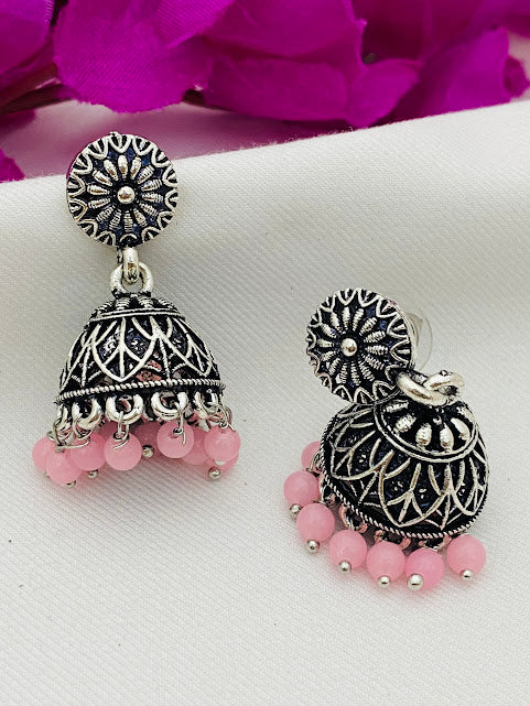 Gorgeous Silver Oxidized Jhumkhas With Pink Color Bead Hangings For Women In USA