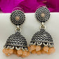 Beautiful Oxidized Silver Jhumkhas With Orange Color Bead Hangings And Flower Motif Stud In Mesa
