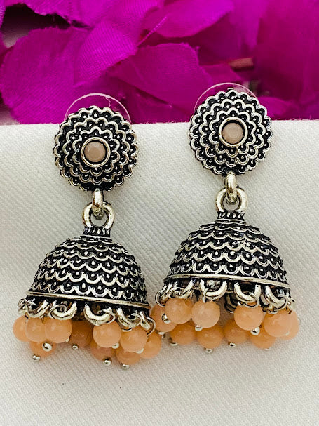 Beautiful Oxidized Silver Jhumkhas With Orange Color Bead Hangings And Flower Motif Stud In Mesa