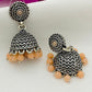 Beautiful Oxidized Silver Jhumkhas With Orange Color Bead Hangings And Flower Motif Stud In USA