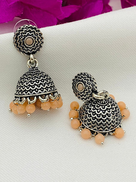 Beautiful Oxidized Silver Jhumkhas With Orange Color Bead Hangings And Flower Motif Stud In USA