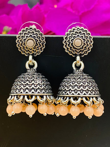 Beautiful Oxidized Silver Jhumkhas With Orange Color Bead Hangings And Flower Motif Stud