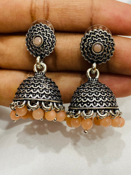 Beautiful Oxidized Silver Jhumkhas With Orange Color Bead Hangings And Flower Motif Stud Near Me