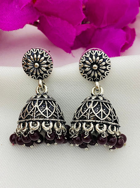 Appealing Oxidized Silver Jhumkhas With Maroon Bead Hangings For Women In USA