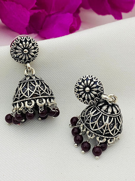 Appealing Oxidized Silver Jhumkhas With Maroon Bead Hangings For Women In Tempe