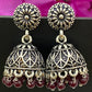 Appealing Oxidized Silver Jhumkhas With Maroon Bead Hangings For Women