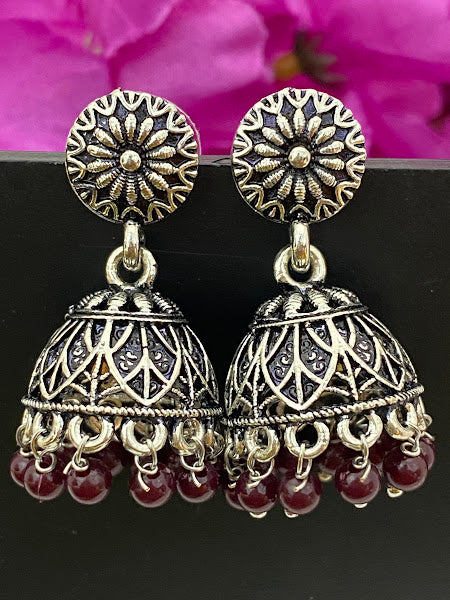 Appealing Oxidized Silver Jhumkhas With Maroon Bead Hangings For Women