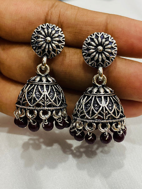 Appealing Oxidized Silver Jhumkhas With Maroon Bead Hangings For Women Near Me