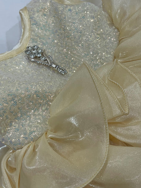 Sandal Color Sequins Work Frock With Brooch Pin Near Me