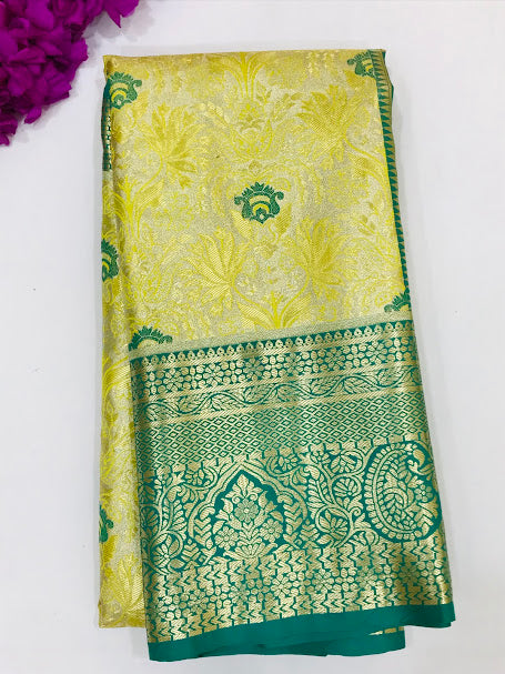 Charming Yellow Color Kanchi Silk Saree With Zari Work For Women