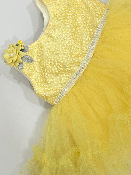 Stunning Yellow Color Soft Net With Embroidery Work Frock Near Me