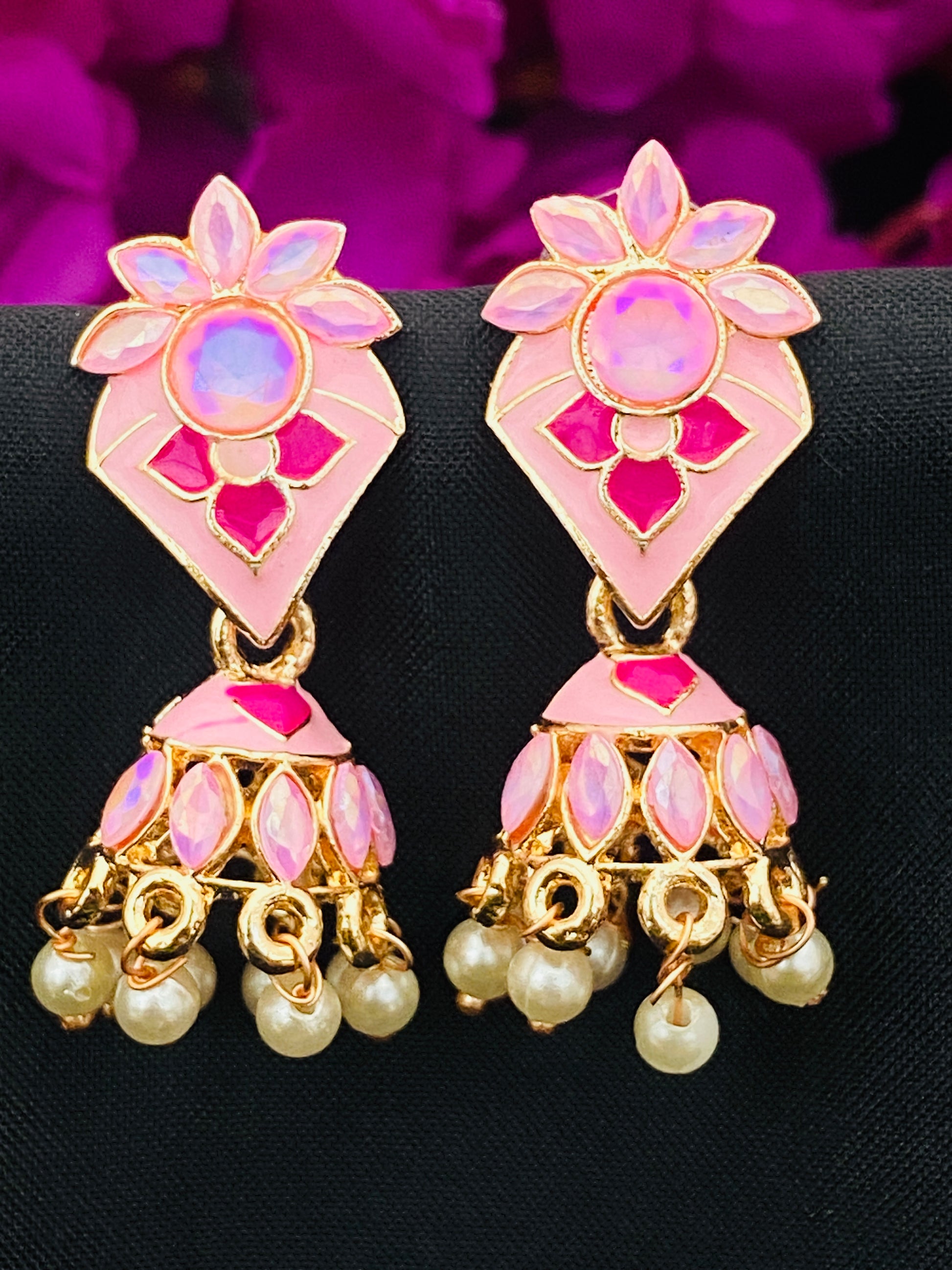 Gorgeous Pink Enamel Earrings With Pearl Jhumka