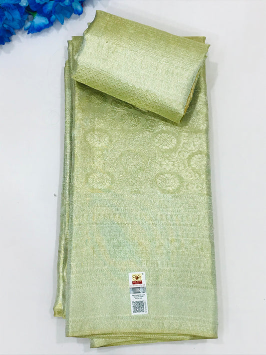 Pista Green Color Pure Kanchi Silk Saree With Gold And Silver Zari For Women - SILKMARK CERTIFIED