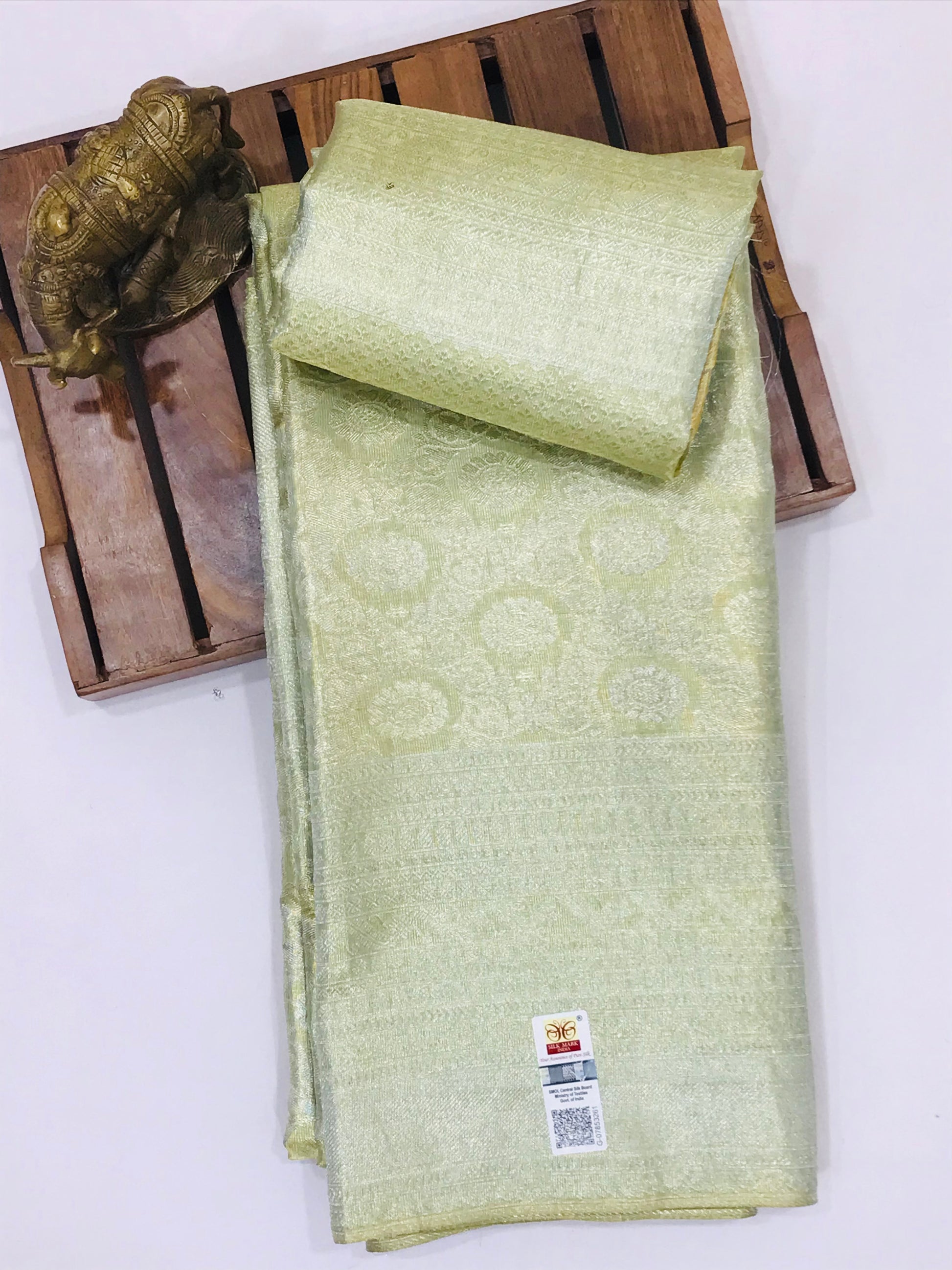 Pista Green Color Pure Kanchi Silk Saree With Gold And Silver Zari  For Women In Near Me