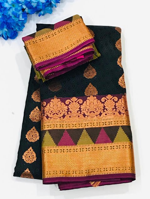 Attractive Black Colored Art Silk Sarees Contrast Border With Blouse For Women