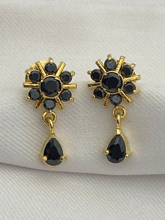 Elegant Black Stone Gold Plated Studded Floral Earrings