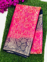 Exclusive Pink Color Banarasi Soft Silk Peacock Motif Saree With Contrast Blue Border