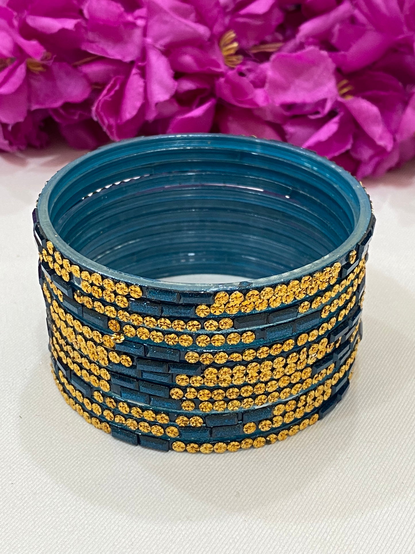 Beautiful Teal Blue Color Stone Design Glass Bangles For Women