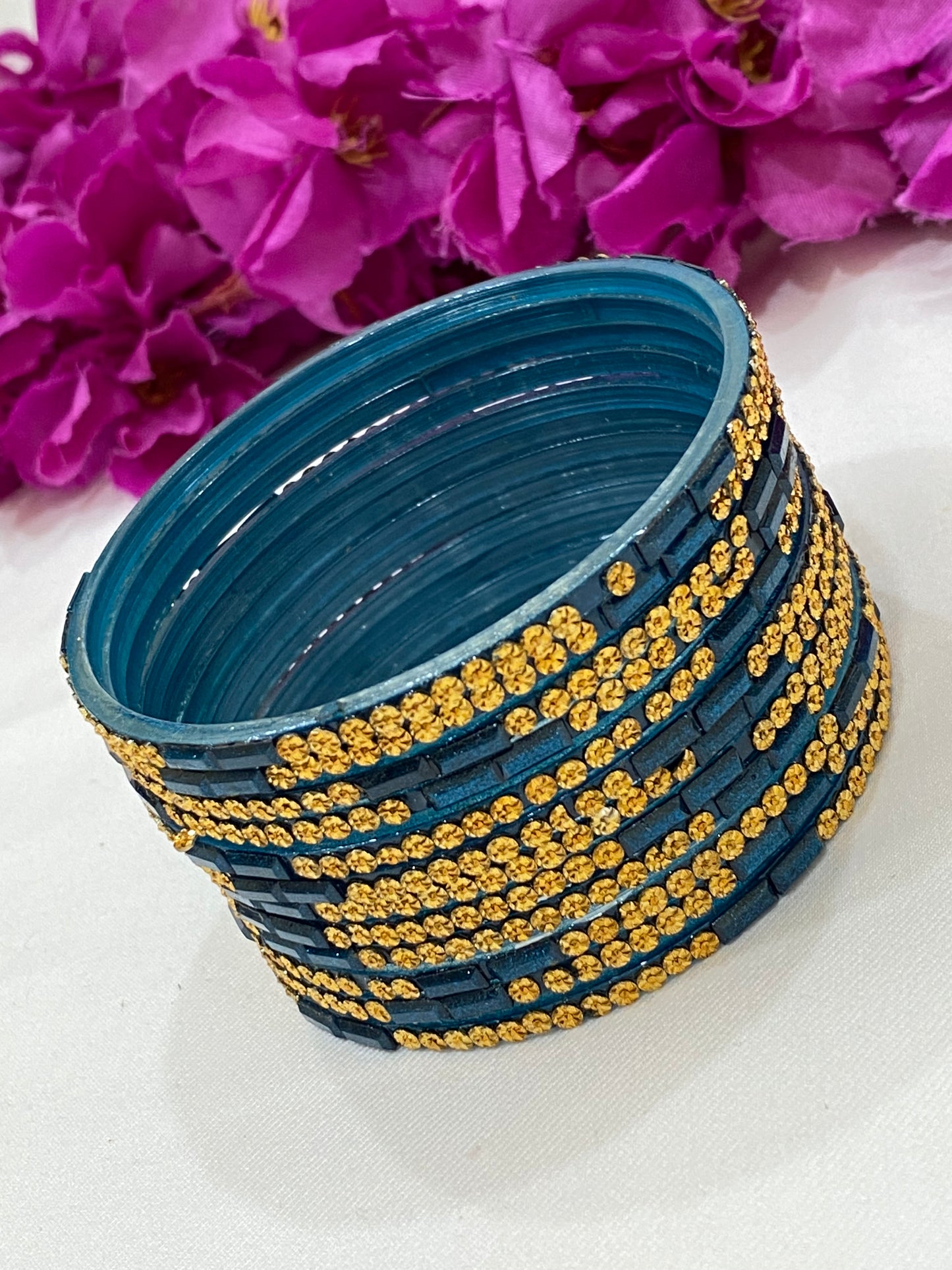 Beautiful Teal Blue Color Stone Design Glass Bangles For Women