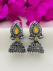 Beautiful Yellow And Silver Designer Oxidized Jhumkhas For Women