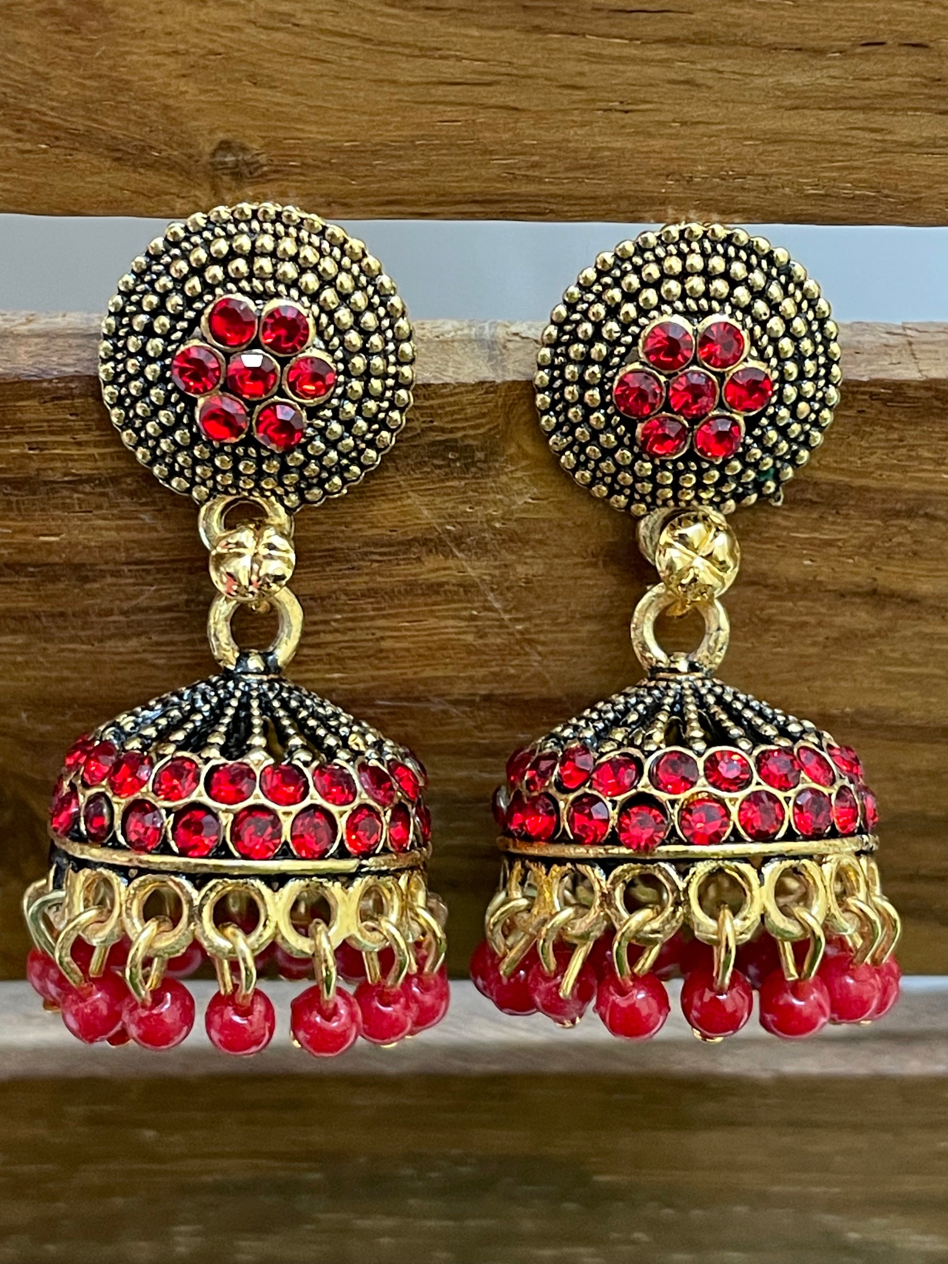 Charming Red Color Stoned Jhumka Earrings For Women In Tempe