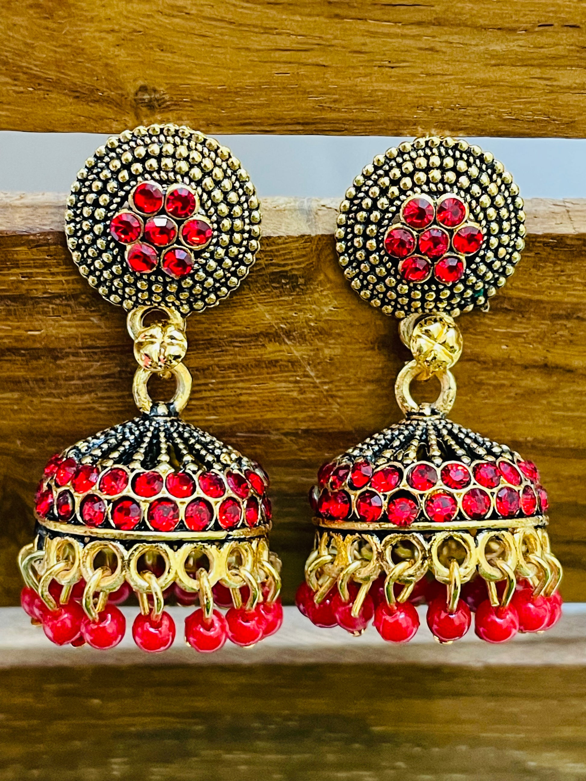 Charming Red Color Stoned Jhumka Earrings For Women In Chandler
