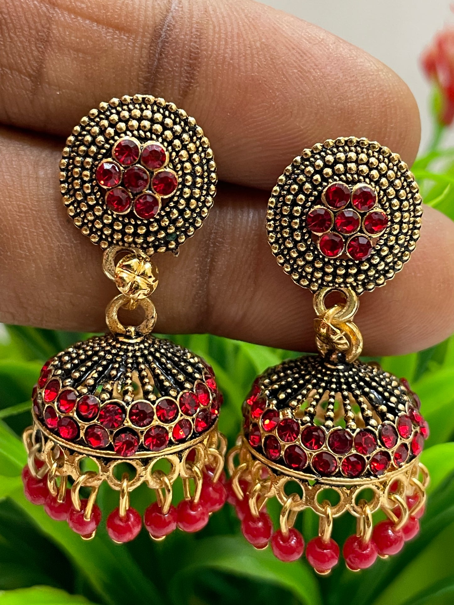 Charming Red Color Stoned Jhumka Earrings For Women In USA