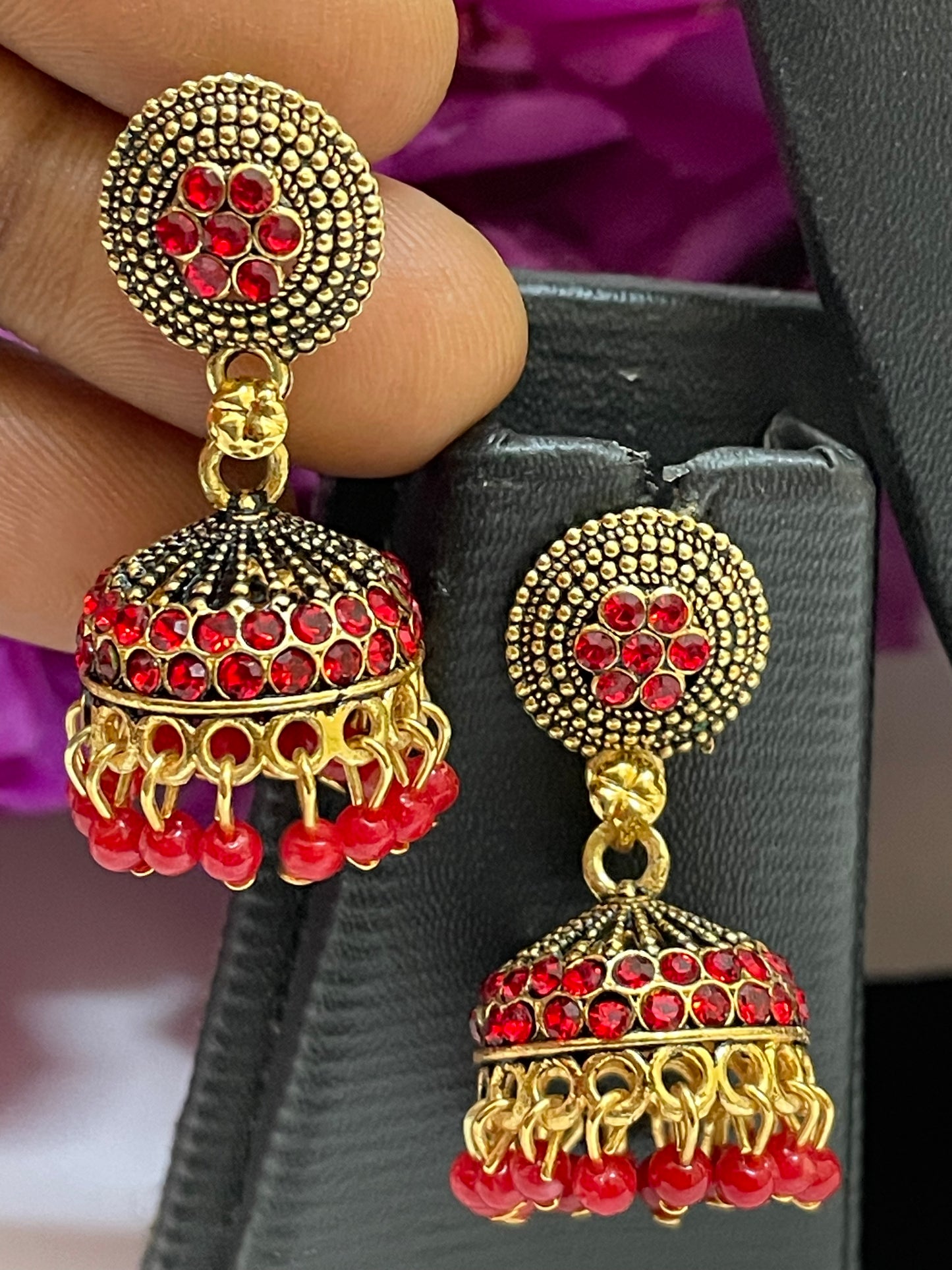 Charming Red Color Stoned Jhumka Earrings For Women Near Me