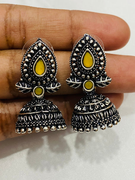 Beautiful Yellow And Silver Designer Oxidized Jhumkhas For Women Near Me