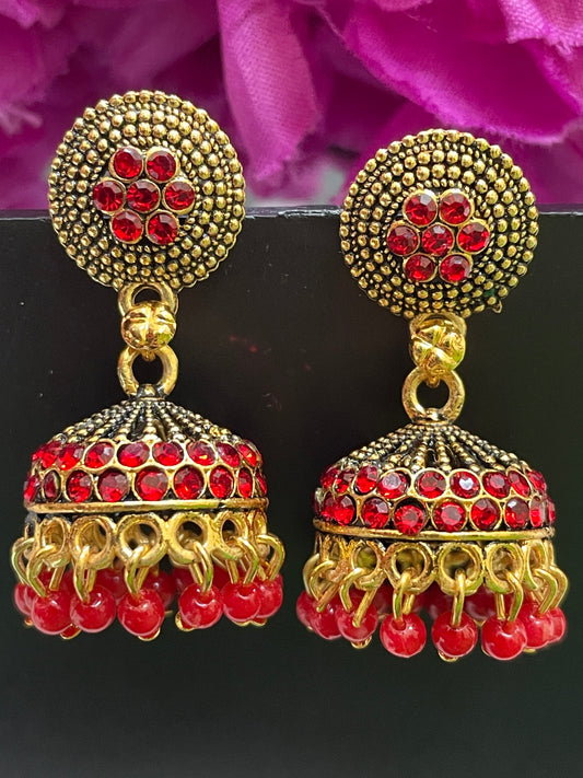 Charming Red Color Stoned Jhumka Earrings For Women