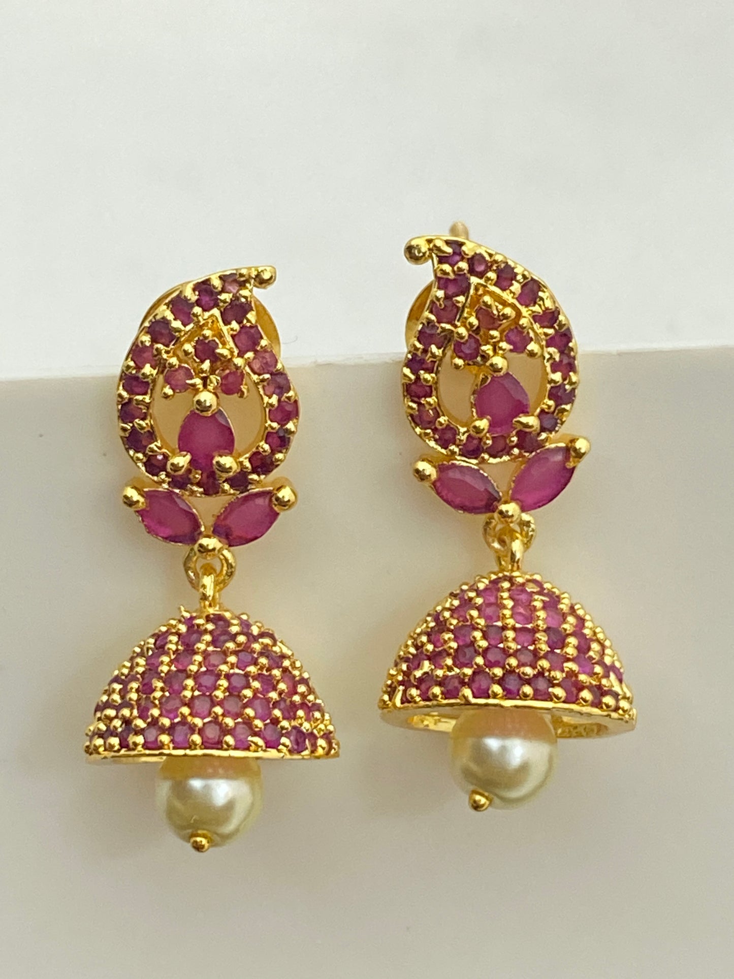 Elegant Gold plated Ruby Stoned Jhumka Earrings For Women