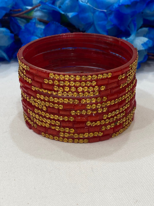 Stunning Red Color Stone Work Glass Bangles For Women