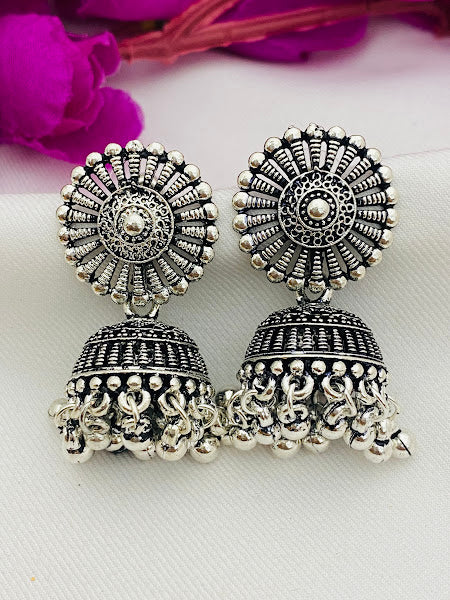 Attractive Silver Oxidized Jhumkhas With Ball Hangings For Women