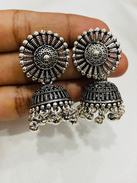 Attractive Silver Oxidized Jhumkhas With Ball Hangings For Women Near Me