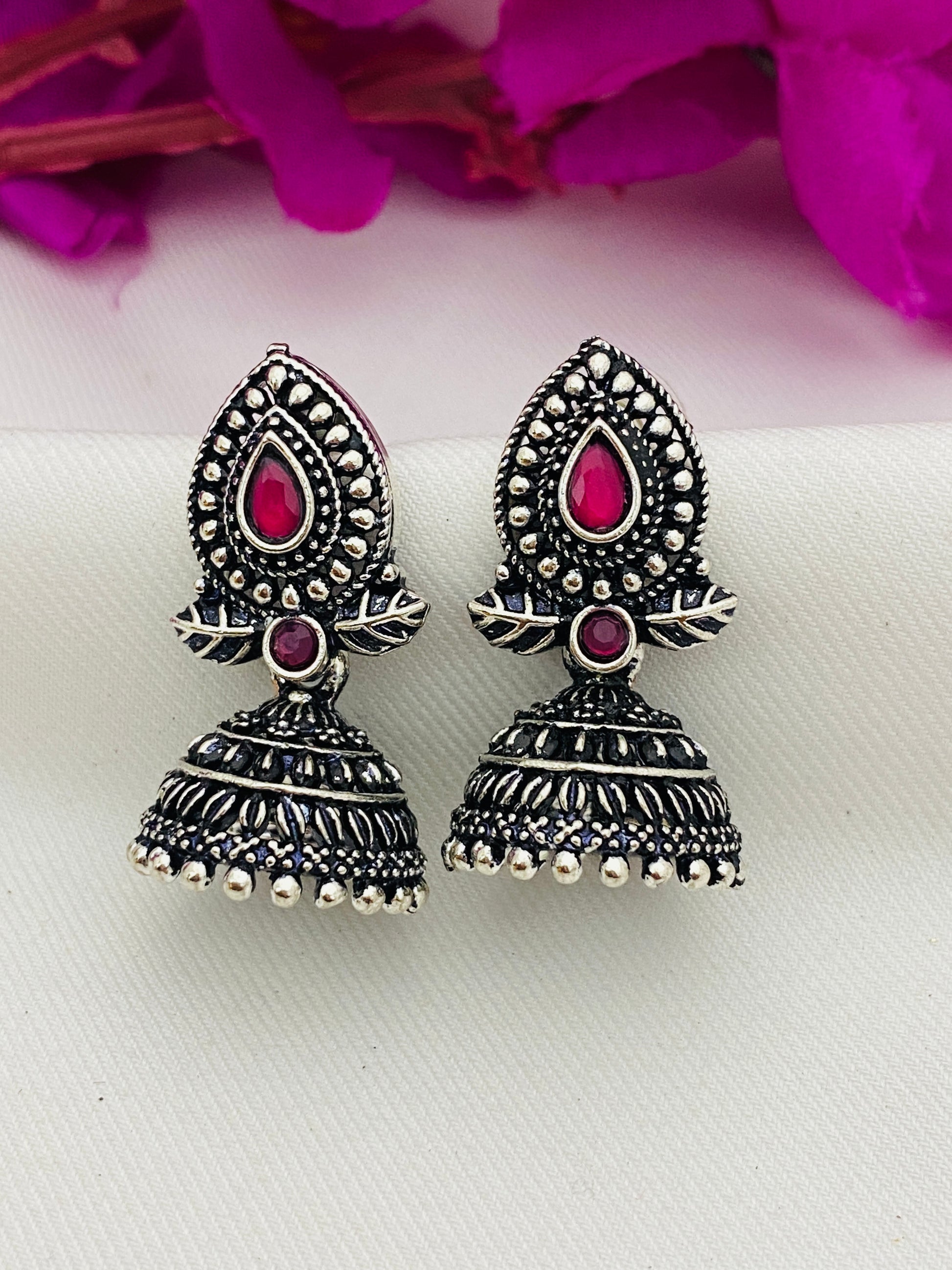 Pink And Silver Oxidized Jhumkas For Women