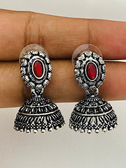 Silver Oxidized With Red Color Stoned Earring For Women Near Me