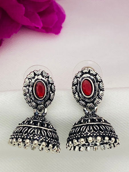 Attractive Silver Oxidized With Red Color Stoned Earring For Women