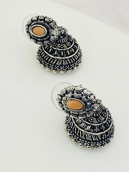 Silver Oxidized With Orange Color Stoned Earrings For Women Near Me