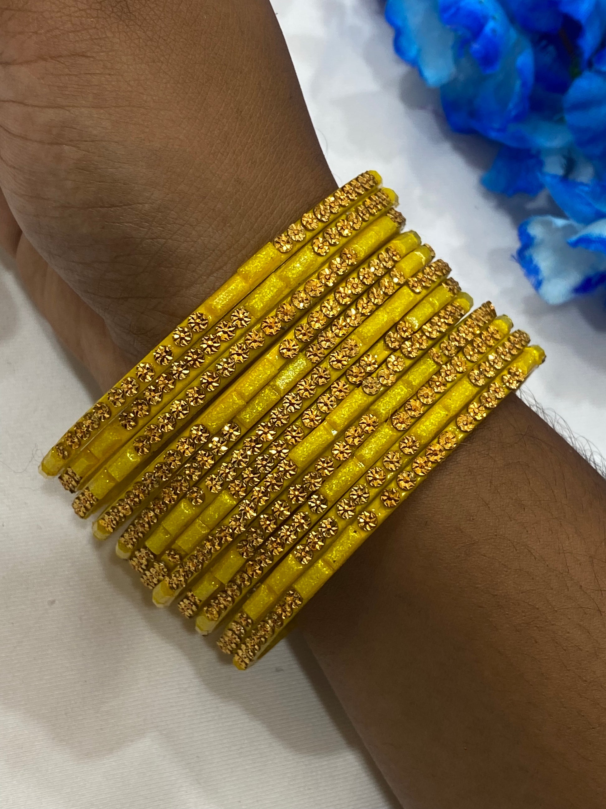 Appealing Yellow Color Stone Work Glass Bangles For women