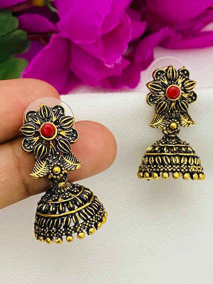 Alluring Red And Gold Oxidized Designer Earrings With Jhumka