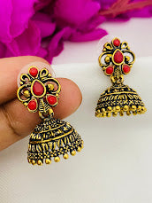 Gorgeous Red And Gold Oxidized Designer Jhumkas